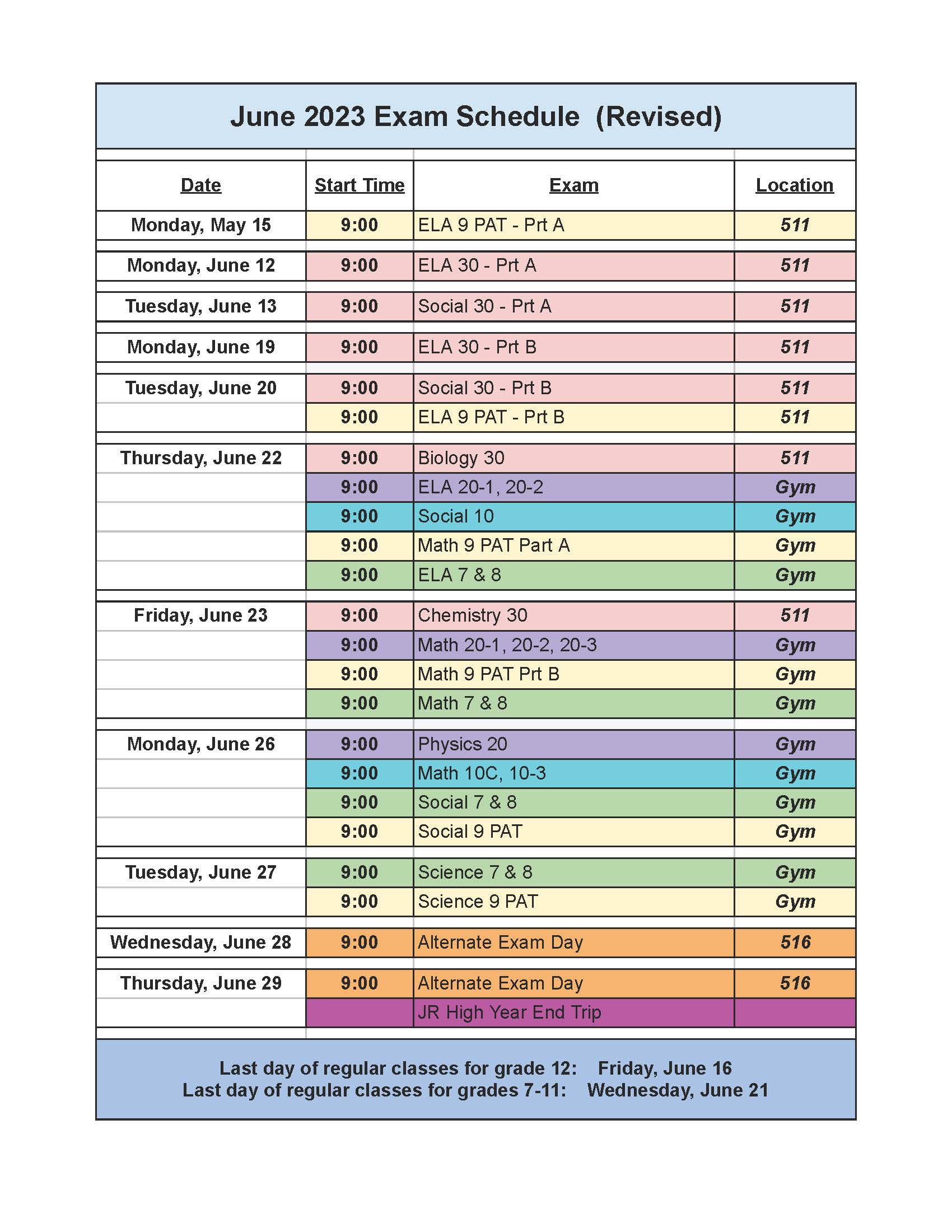 June Exam Schedule Three Hills School